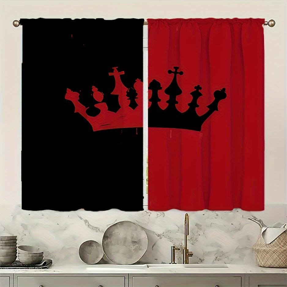 2pcs Red & Black Crown Print Curtains – For Bedroom   Living Room & Kitchen Home Decor