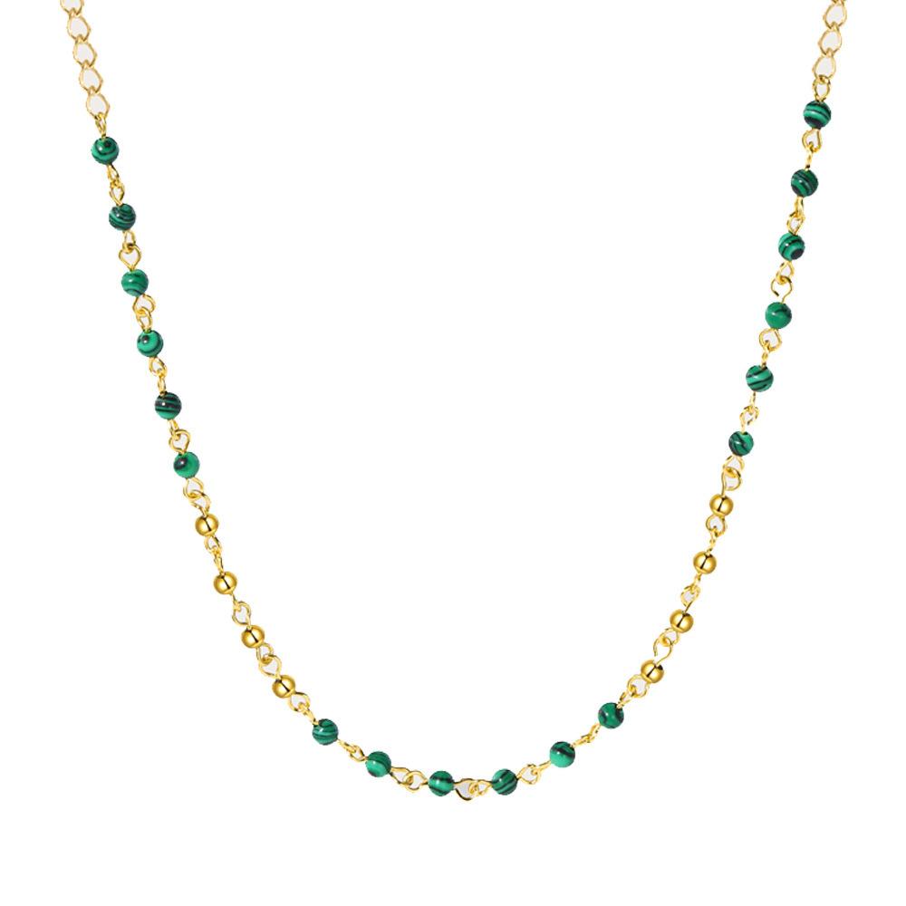 French Retro Style 18K Plated Real Gold Collarbone Chain, Malachite Beaded Titanium Steel Necklace Multi-Layer Stacking Design