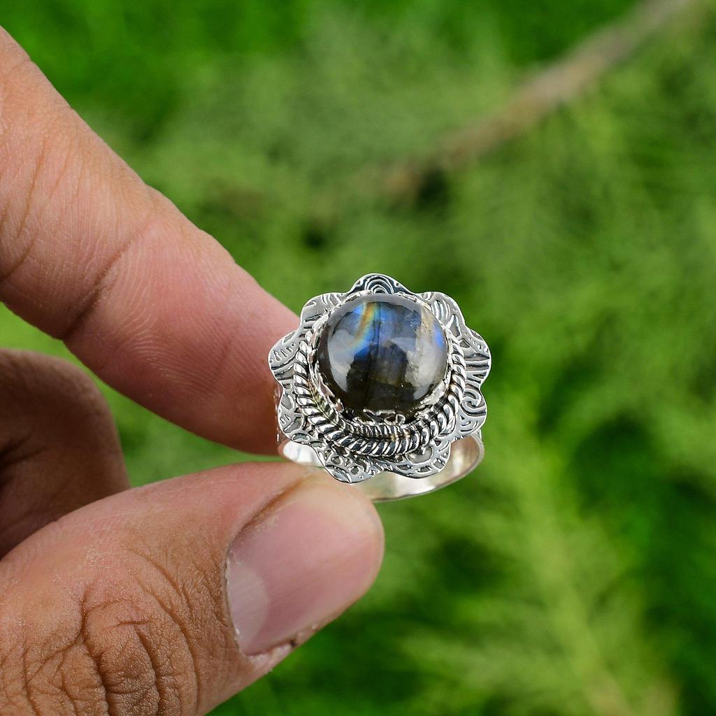 925 Sterling Silver Labradorite Stone Engagement New Promise Unique Ring Jewelry
