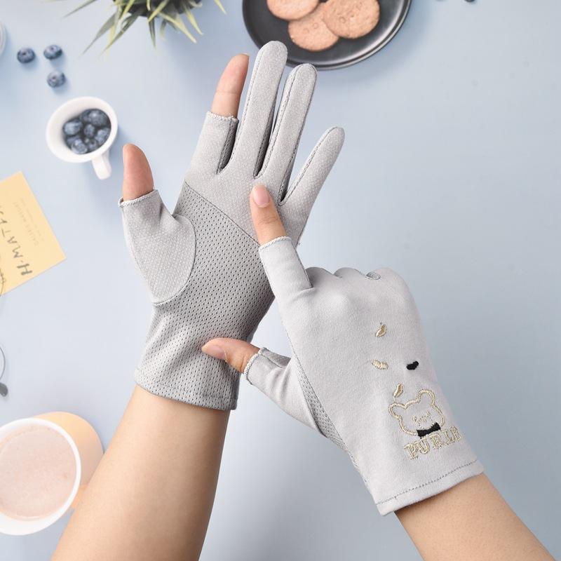 Sun Protection Gloves for Women  Spring and Summer  Thin  Two Finger Exposed Sweat Absorbing  Breathable  Anti Slip Cute Little Bear Gloves