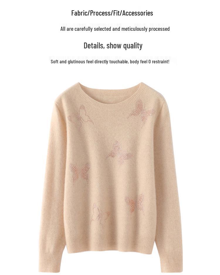 Butterfly Rhinestone Crew Neck Casual Spring Sweater for Women