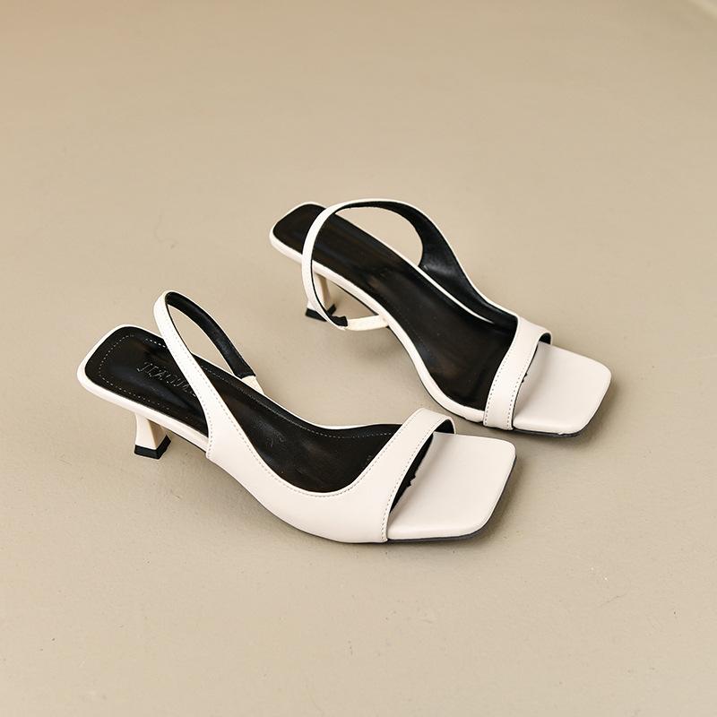 

Нишевые босоножки на высоком каблуке обувь лето 2025 новые квадратный носок тонкий каблук пустая юбка туфли-лодочки 42 бежевый