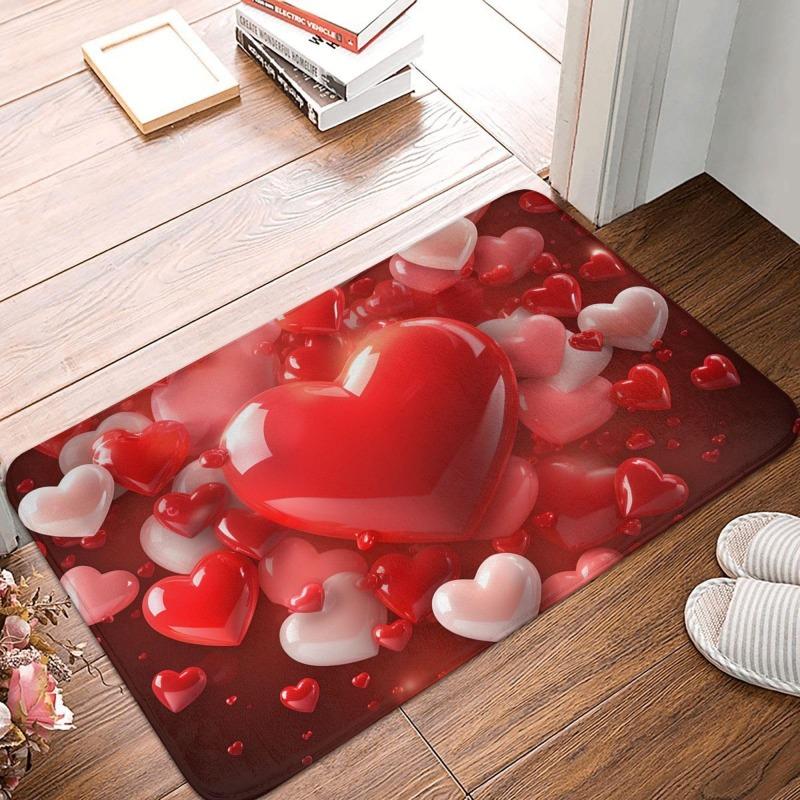 Heart Door Mat 2D Love Pattern Entrance Rug Red Valentines Decor Soft Non-Slip Indoor Welcome Mat Romantic Home Hallway Floor