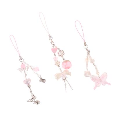Chaîne de téléphone portable en forme de nœud papillon pêche douce, pendentif en forme de cœur, étui pour écouteurs, corde de suspension anti-perte, lanière de sac décorative