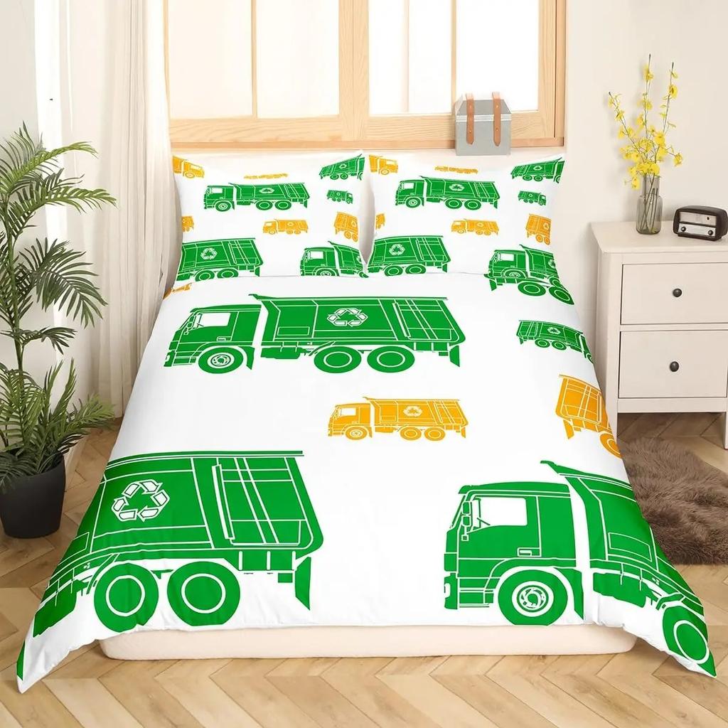 Cartoon Garbage Truck Duvet Cover Green Trash Truck Bedding Set Green Vehicle Car Comforter Cover Garbage Truck Toy Quilt Cover
