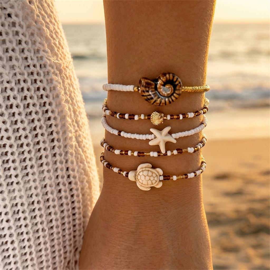 Bohemian Starfish Turtle Shell Beaded Bracelet Set for Women Handmade Multilayer Stacked Bracelets Summer Beach Party Jewelry