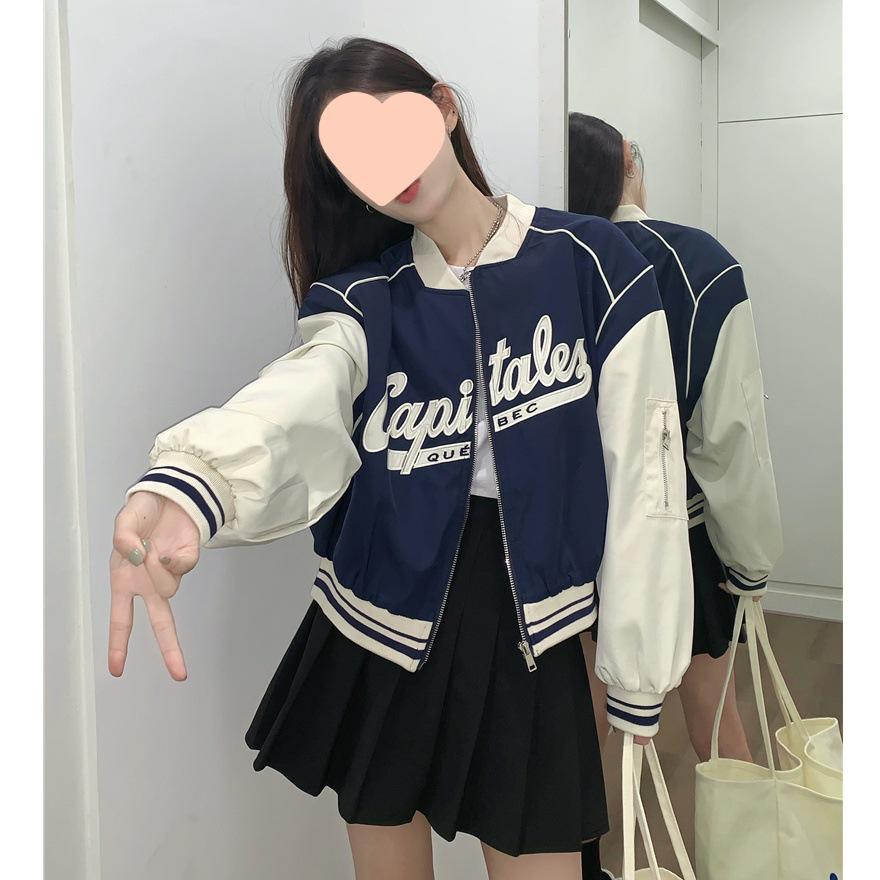 2025 Women s Retro Light Blue Patchwork Baseball Jacket - Spring/Autumn M