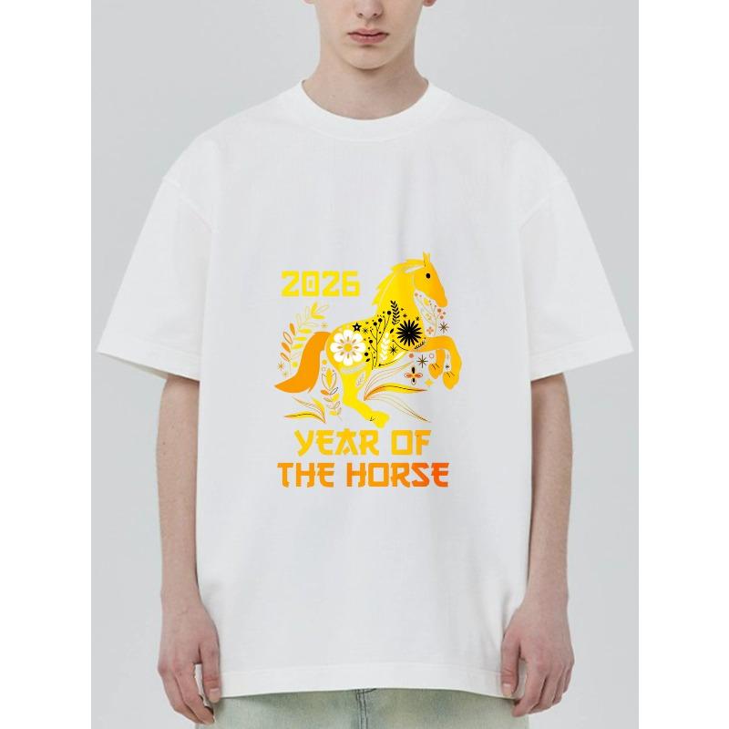 Zwart T-shirt Met 2026 Jaar van het Paard Bloemenontwerp Voor Casual Kleding