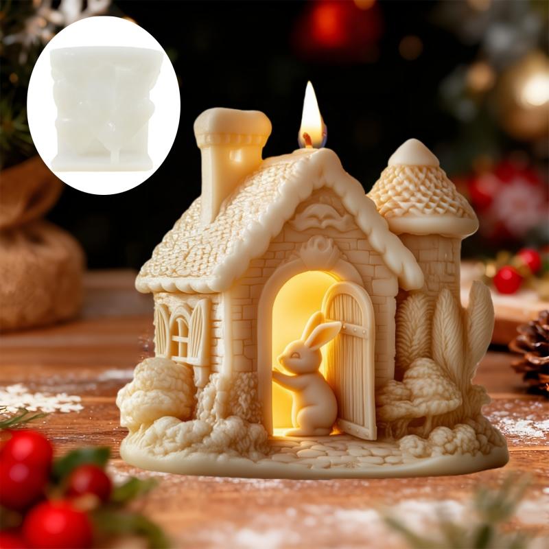 Bunny Pushing Door Castle Candle Silicone Mold Cute Rabbit Open Door House Resin Mould Easter Bunny Gypsum Molds Easter Gift