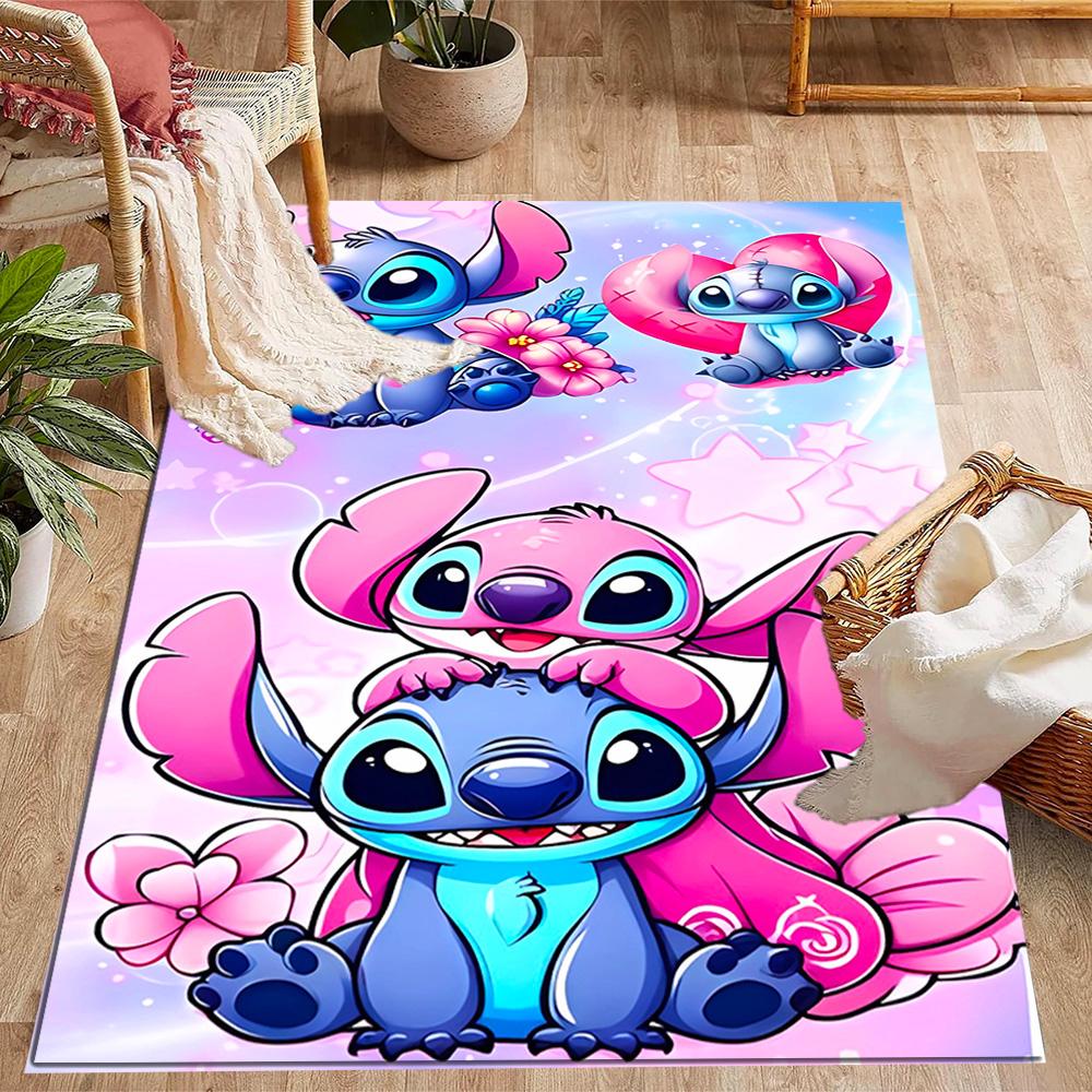 Stitch Adventure In Flowers Disney Cartoon Theme Anti-Slip Rug - Polyester, Home Decor, Suitable for Bedrooms, Living Rooms, Doorways, and Studios