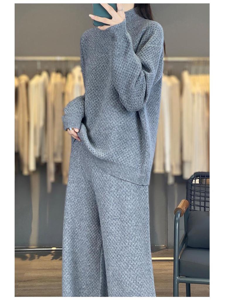 Women's Purple High Neck Wool Sweater & Wide-Leg Pants Set - Autumn/Winter Fashion