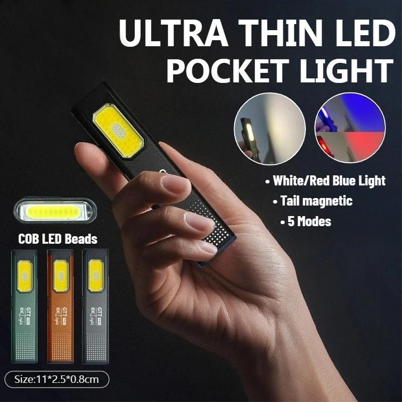 Ultra-thin Multi-Mode Pocket LED Flashlight Compact Type-C Rechargeable Red/Blue Stroabe Light for Work Everyday Carry & Travel