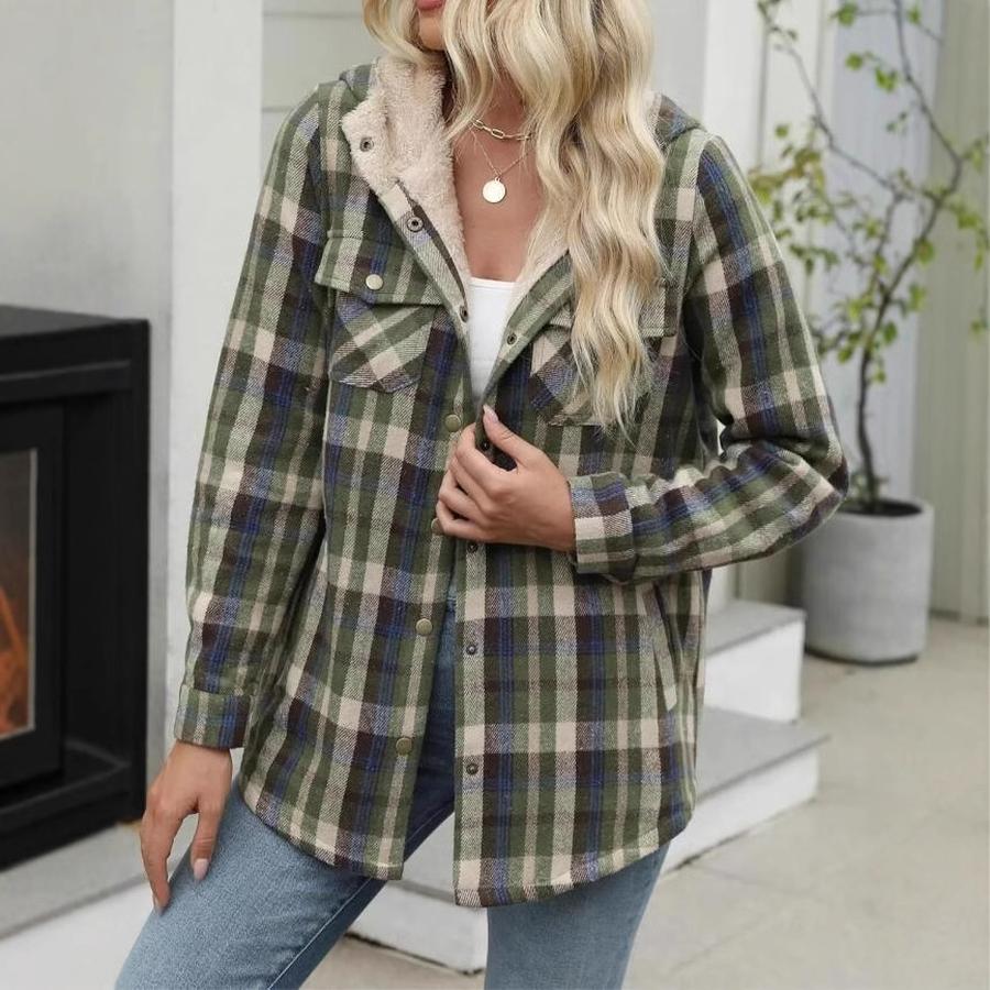 Fall Winter Women's Plaid Jacket Long Sleeve Hooded Cozy Coat with Pockets