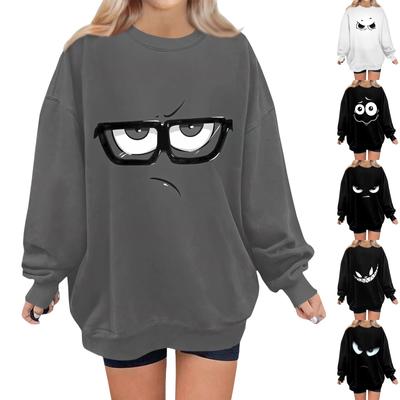 Women's Expression Print Pullover Round Neck Drop Shoulder Long Sleeve Sweatshirt