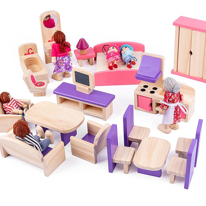 Wooden Doll Furniture Set: Mini Sofa, Cabinet, and Wardrobe for Child's Pretend Play