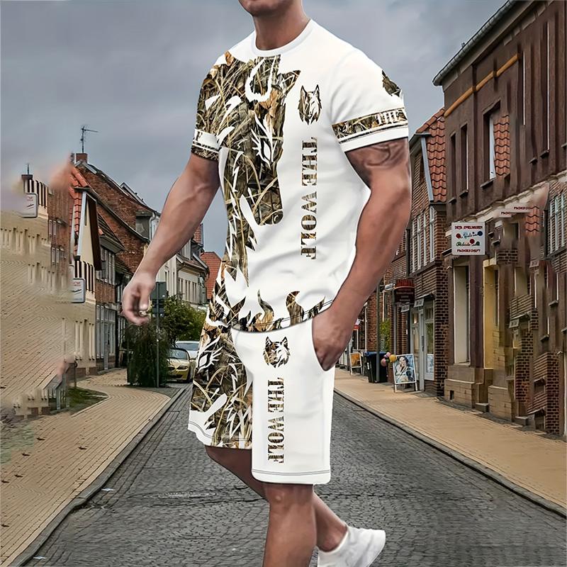 Men's Suit Summer Casual Breathable Refreshing Suit Printed 3D Wolf Oversized Men's Loose Top Fashion Short Sleeves