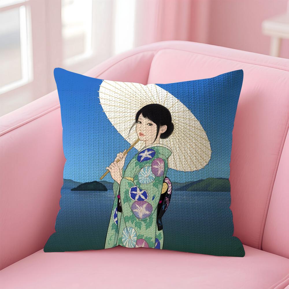 Kimono Girl Japanese Style Cushion Cover Natural Linen Pillow Case DoubleSided Print Decorative Sofa Pillowcase Home Decor Gift