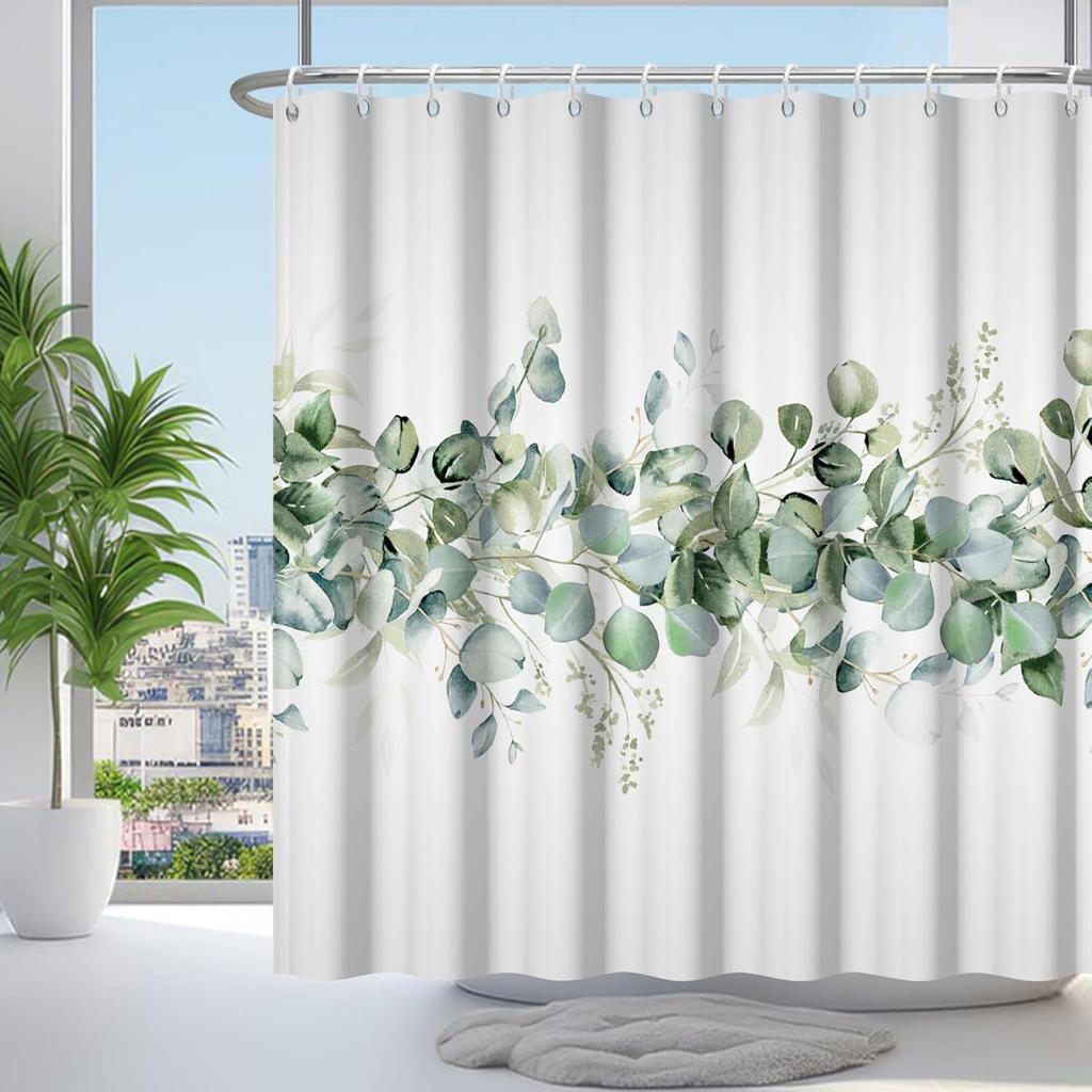 72x72 Inch Eucalyptus Shower Curtain Watercolor Sage Leaves Botanical Floral Design Spring Nature Decor with Hooks