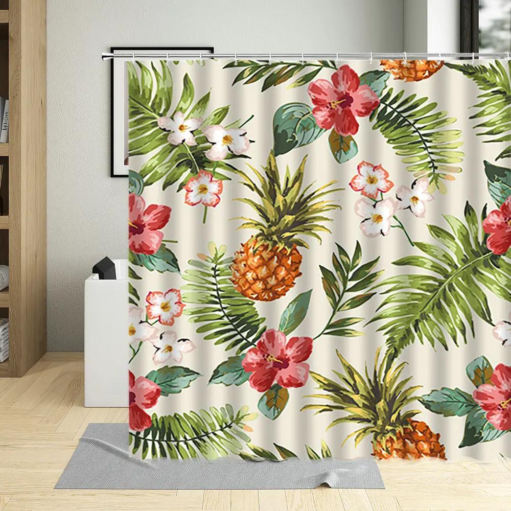 Tropical Pineapple Shower Curtains Watercolor Fruit Leaves Palm Leaf Flower Plant Bath Curtain Sets Modern Fabric Bathroom Decor