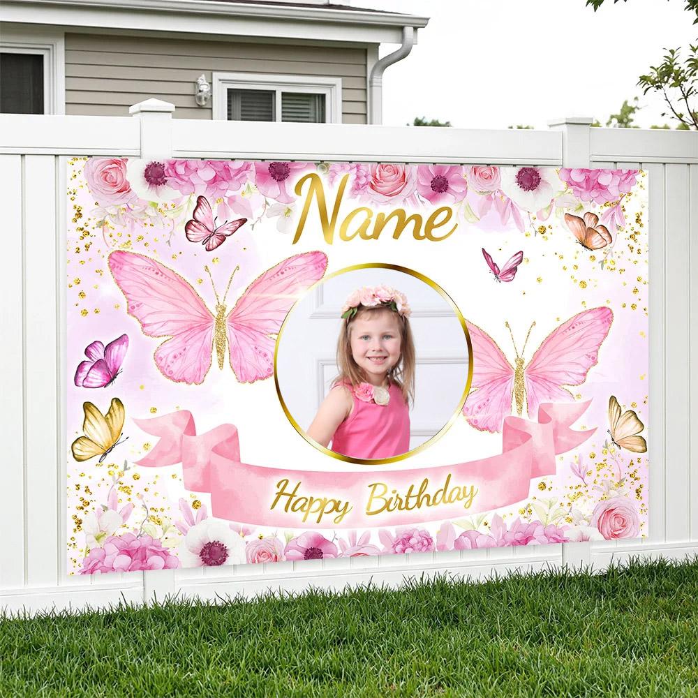 Sfondo Personalizzato Foto Nome Compleanno Farfalla Rosa e Sfondo Floreale Banner Personalizzato per Decorazione Parete Festa Glitter