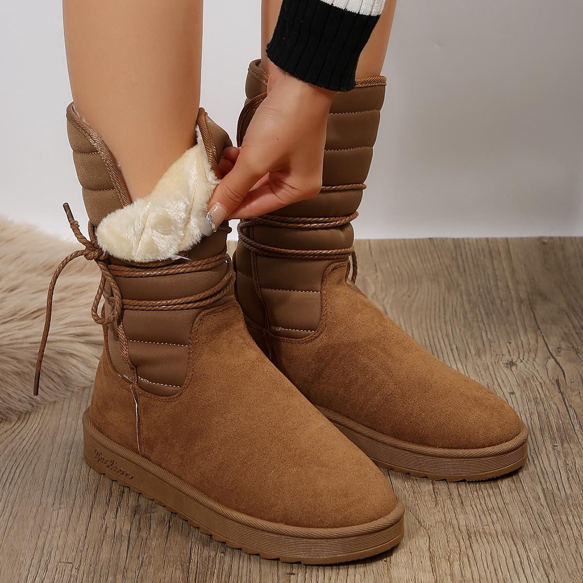 

2026 Platform Mid Calf Boots Women s Winter Warm Shaggy Suede Snow Boots Flat Lace Up Women s Cotton Shoes Boots 36 коричневый