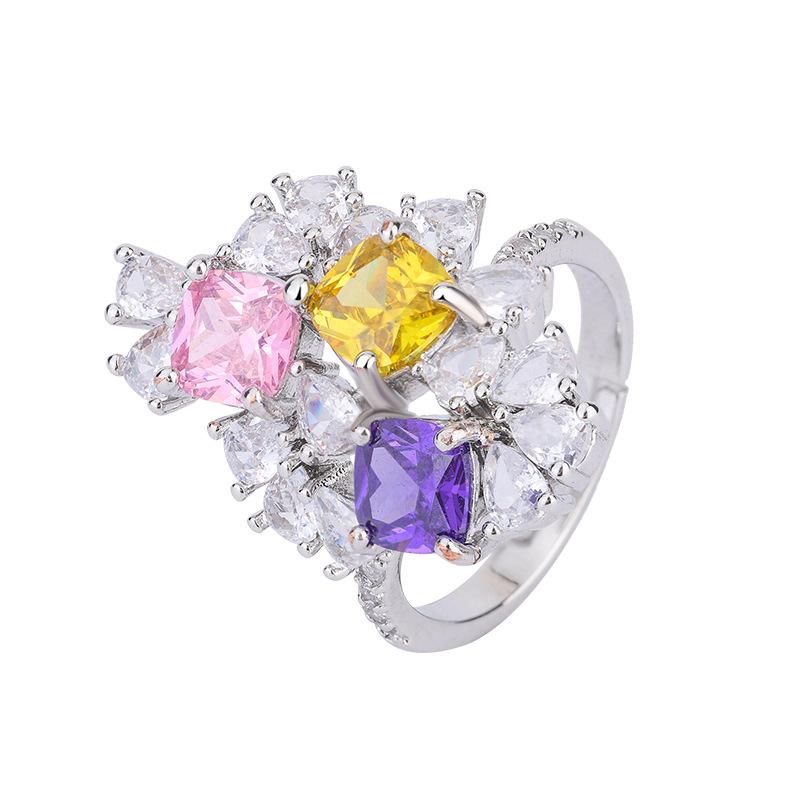 Vintage colored diamond ring, yellow and pink zircon inlaid sparkle ring.