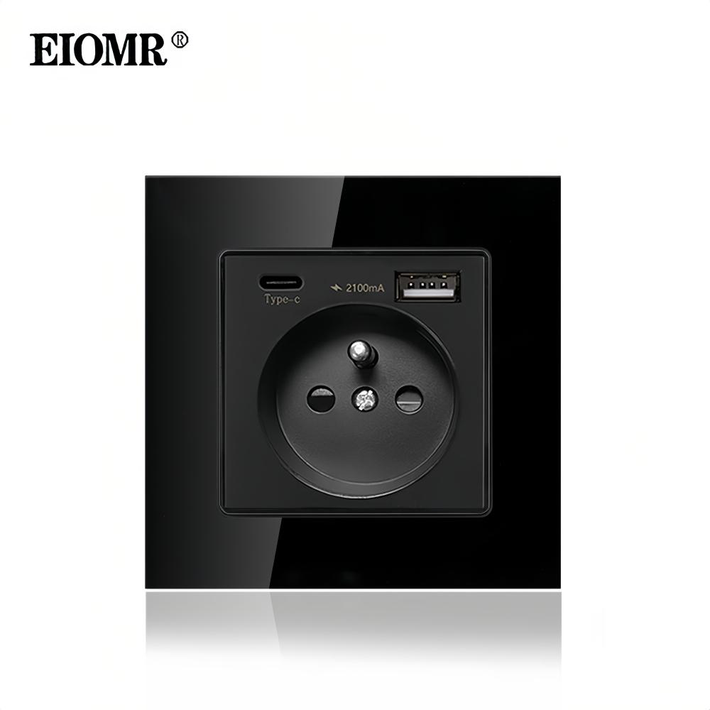 EIOMR France Standard Power Socket, Single Double AC 100~250V 16A White Black Wall Type-C Usb Plugs Outlet for Home Office