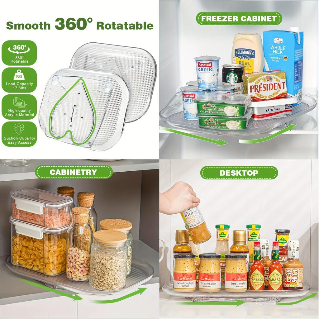 Transparent Rectangular Lazy Wheel Suitable for Refrigerators, Cabinets, Tables, 360 ° Rotating Organizer, Easy To Clean