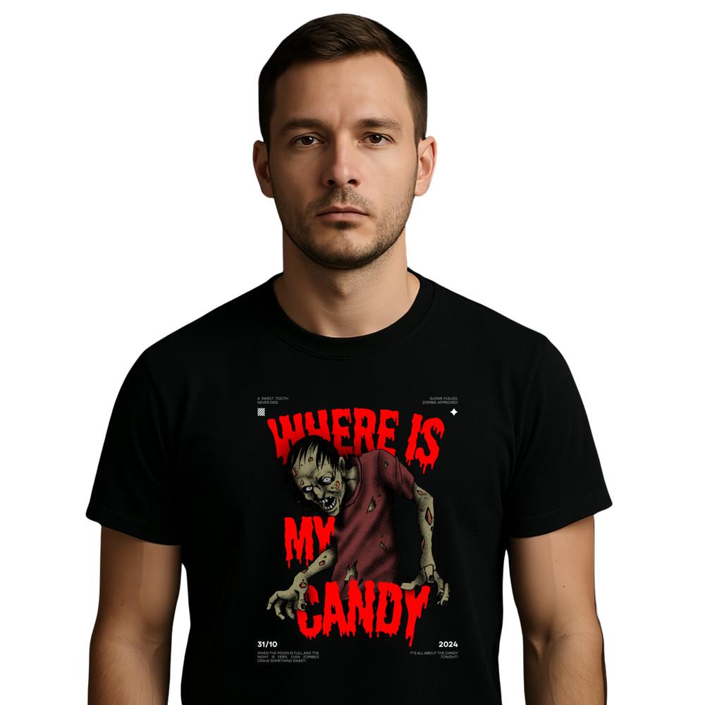 "Where Is My Candy Zombie T-Shirt | Spooky Graphic Top | Zombie T-Shirt