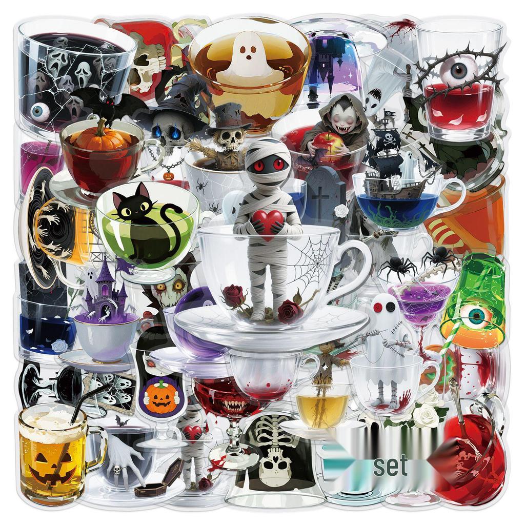 50 Transparent Horror Teacup Stickers: Waterproof PET Ghost & Skeleton for Halloween Journals