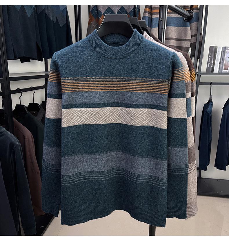 Men's Autumn/Winter 2025 Striped Knit Sweater - Middle-aged, Round Neck, Loose Fit, Elastic, Dad's Wardrobe Essential