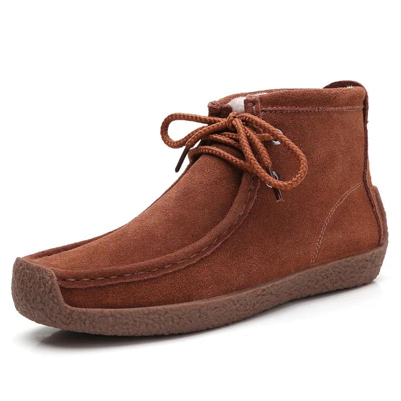 Fashion Winter Soft Sole Ankle Boots with Plush for Women Lace-Up Ladies Retro Flat Shoes Handmade Genuine Cow Leather Warm Sneakers