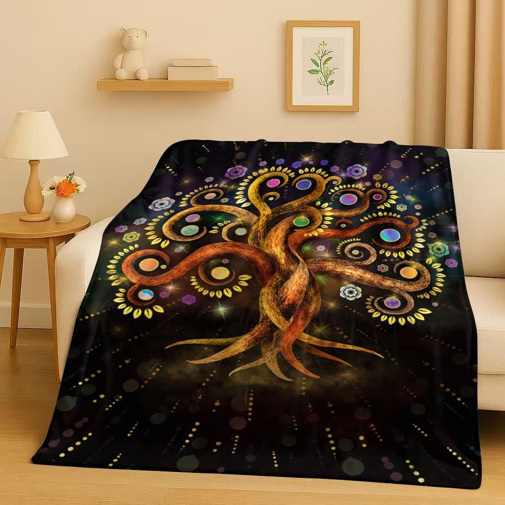 Retro Kleurrijke Levensboom Yggdrasil Keltisch Runen Flanellen Deken, Ultra Zachte Pluche Plaid voor Huis Slaapkamer Bed Bank Cover Kinderen
