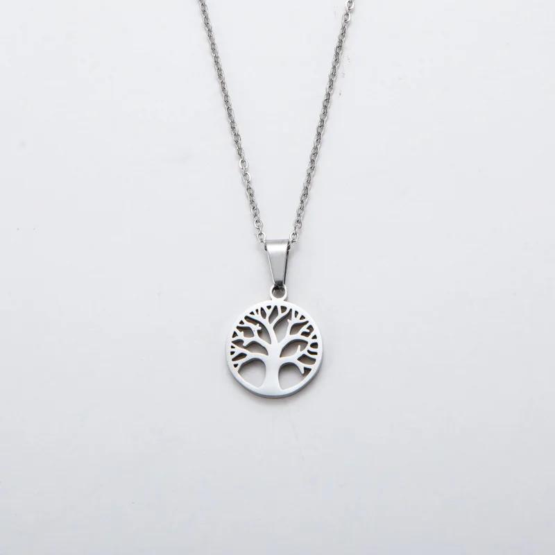 2026 Fashion Gold Color Tree of Life Circle Pendant Necklace for Women Luxury Lucky Tree Stainless Steel Choker Chain Jewelry серебряный