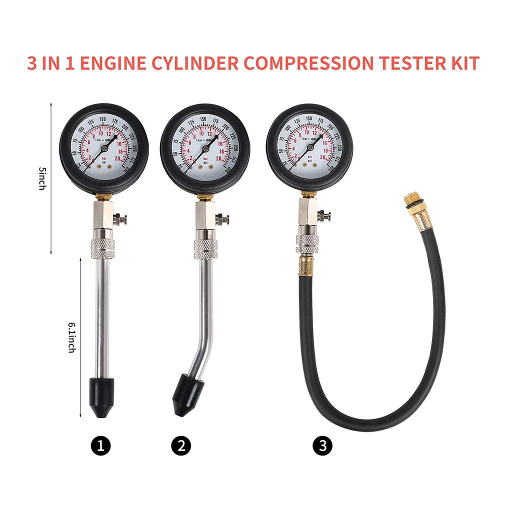 Compression Tester Kit 0-300 PSI Petrol Gas Engine Cylinder Pressure Gauge Automotive Tool for Motorcycle Car Truck