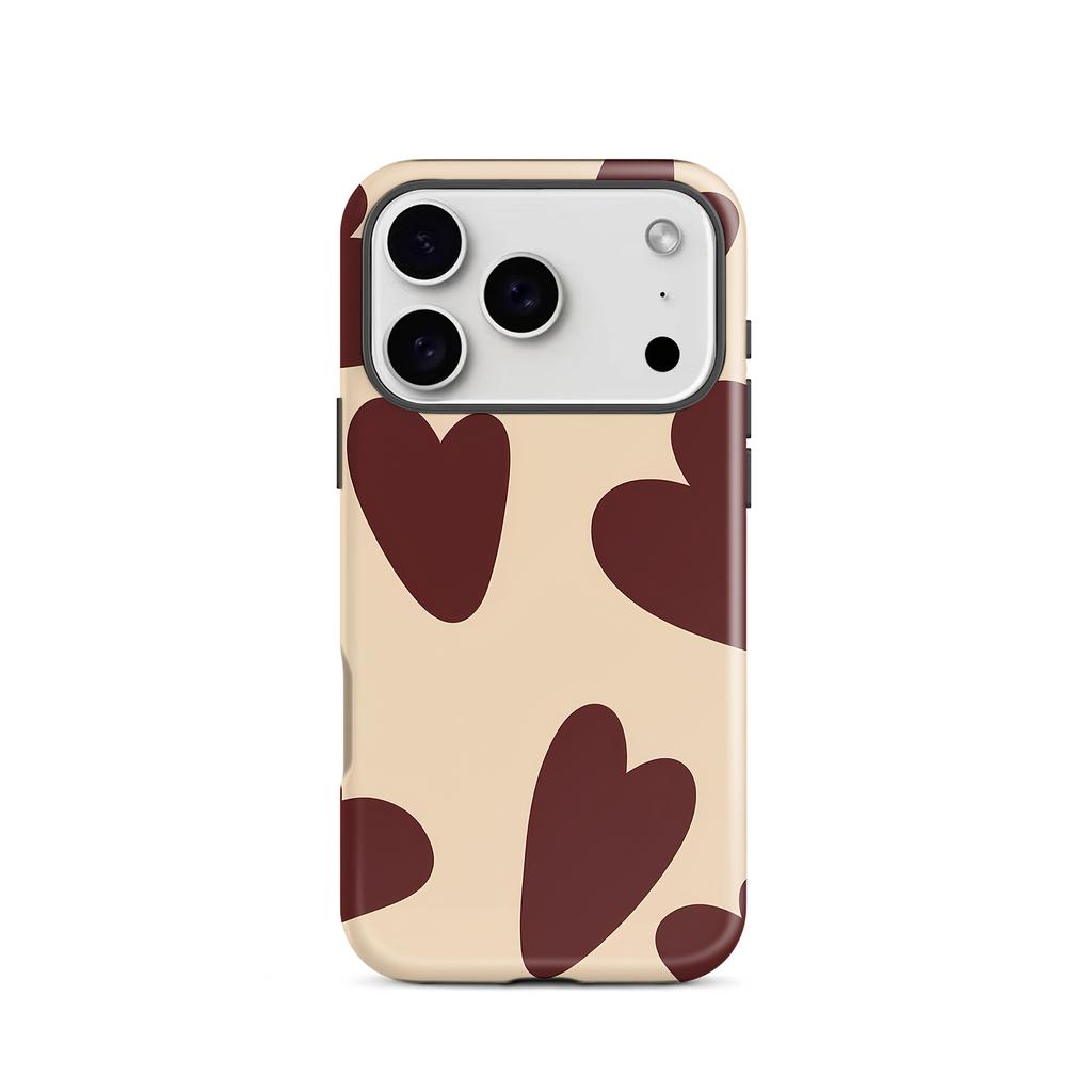 Red Brown Heart-shaped Fashionable Phone Case Suitable for iPhone17, 16, 15, 14,13Pro/Max/Plus Anti Drop Double-layer Back Cover