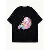 Oversized T Shirt Black Unicorn Rainbow Print For Casual Wear
