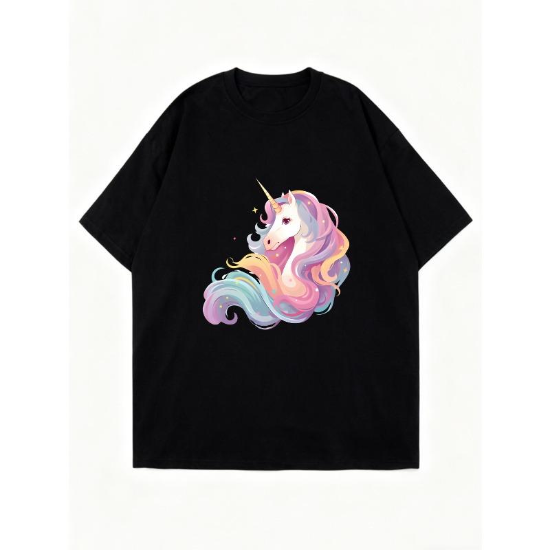 Oversized T Shirt Black Unicorn Rainbow Print For Casual Wear