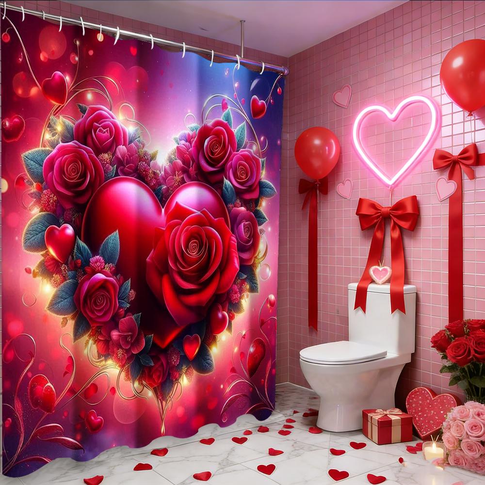 Valentine's Day Love Heart Rose shower curtain, bathroom shower waterproof curtain with 12 hooks, fish shaped home decoration