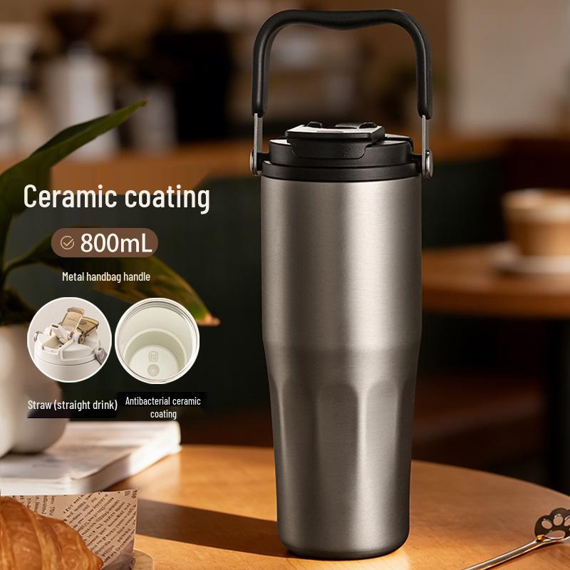 Ceramic Liner Large Capacity Travel Thermos Cup with Straw 800ml with Ceramic Inner Liner