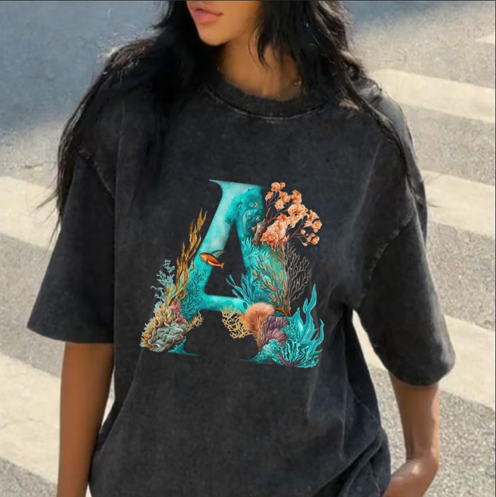 Letter Beach Graphic T Shirt Initial Monogram Tee Ocean Wave Shell Print Summer Vacation Top Women Personalized Gift Shirt