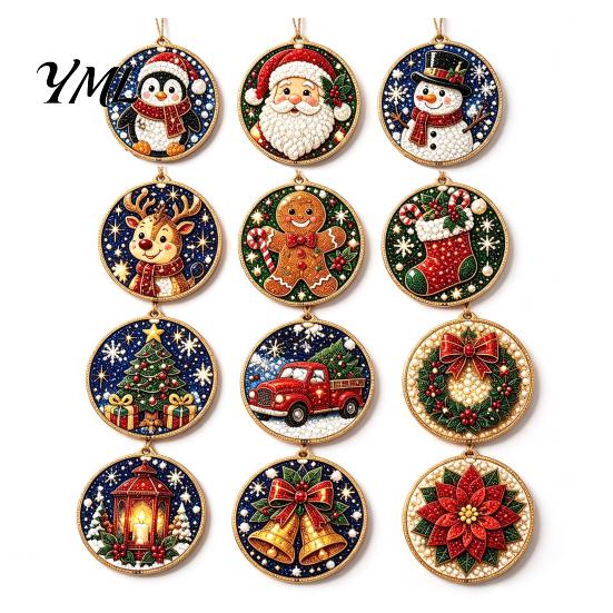 Decoración Artística de Pedrería para Adultos 12 Piezas Kit de Adorno de Pintura Navideña DIY, Juegos de Medias de Perlas Artificiales Decoración Colgante para Adultos, Corona de Árbol Festivo
