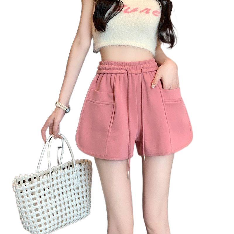 Unisex Pink High-Waisted Summer Shorts: Loose Fit, A-Line, Drawstring, Wide Leg, Trendy Sports Hot Pants