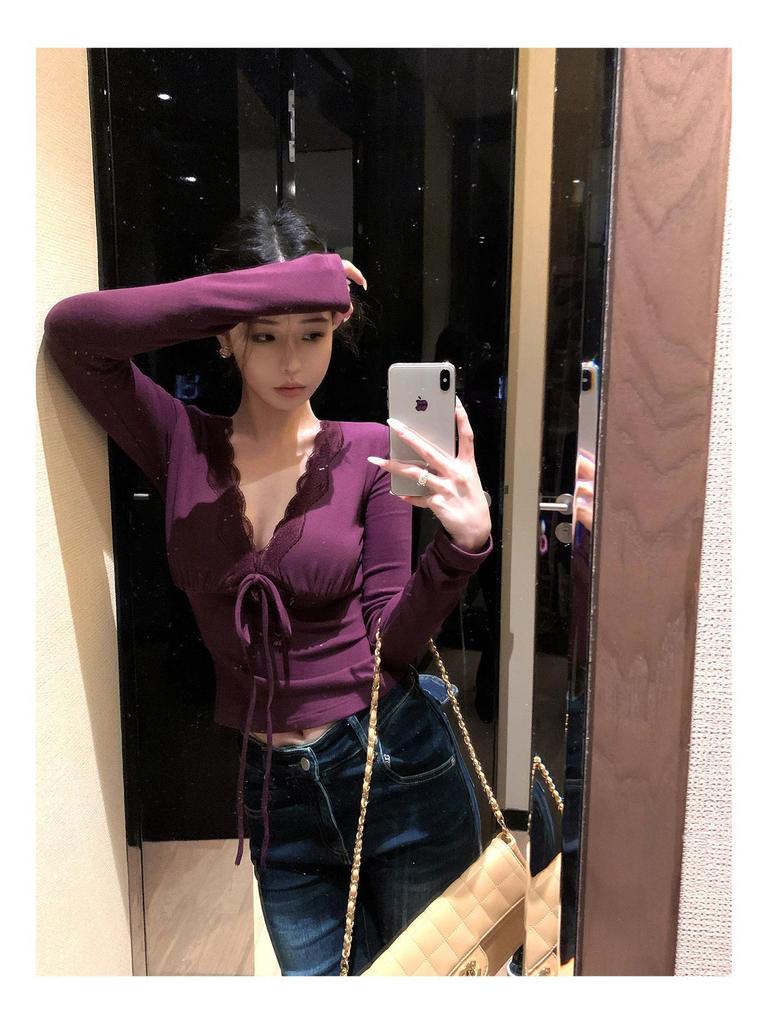 Women's Purple V-Neck Lace Splicing Long-Sleeve Slim Top - Stunning Early Autumn Fashion