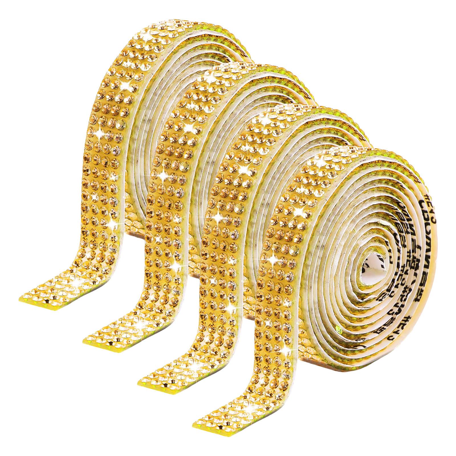 4 Pcs Rhinestones Ribbon Adhesive Rhinestones Strips Gold Rhinestones Stickers Glittering Rhinestones Trim for Party 1