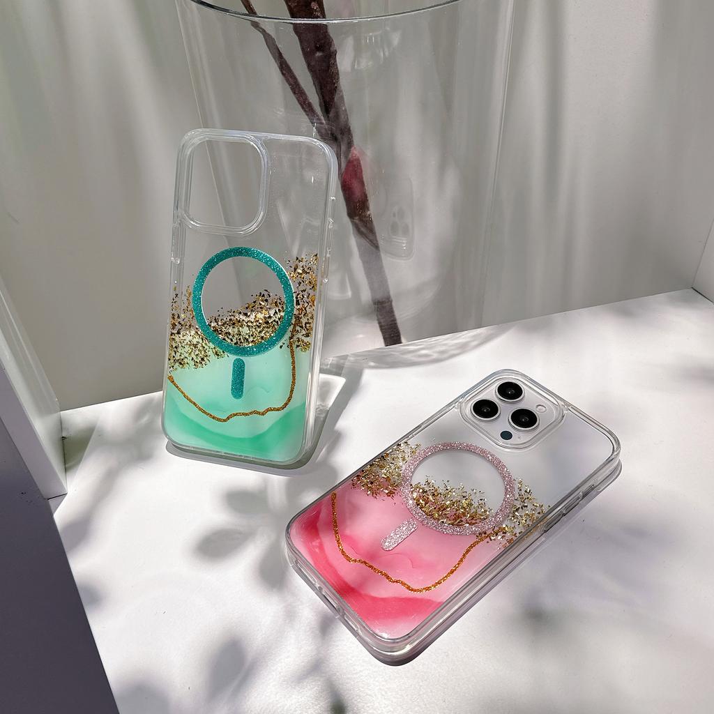 For iPhone 14 Pro Max Case Compatible with MagSafe Epoxy Marble Texture PC+TPU Phone Cover