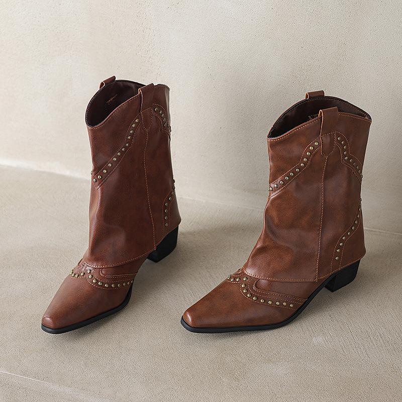 Retro European and American short boots autumn and winter design sense rivet pipe boots small pointed western cowboy knight boots