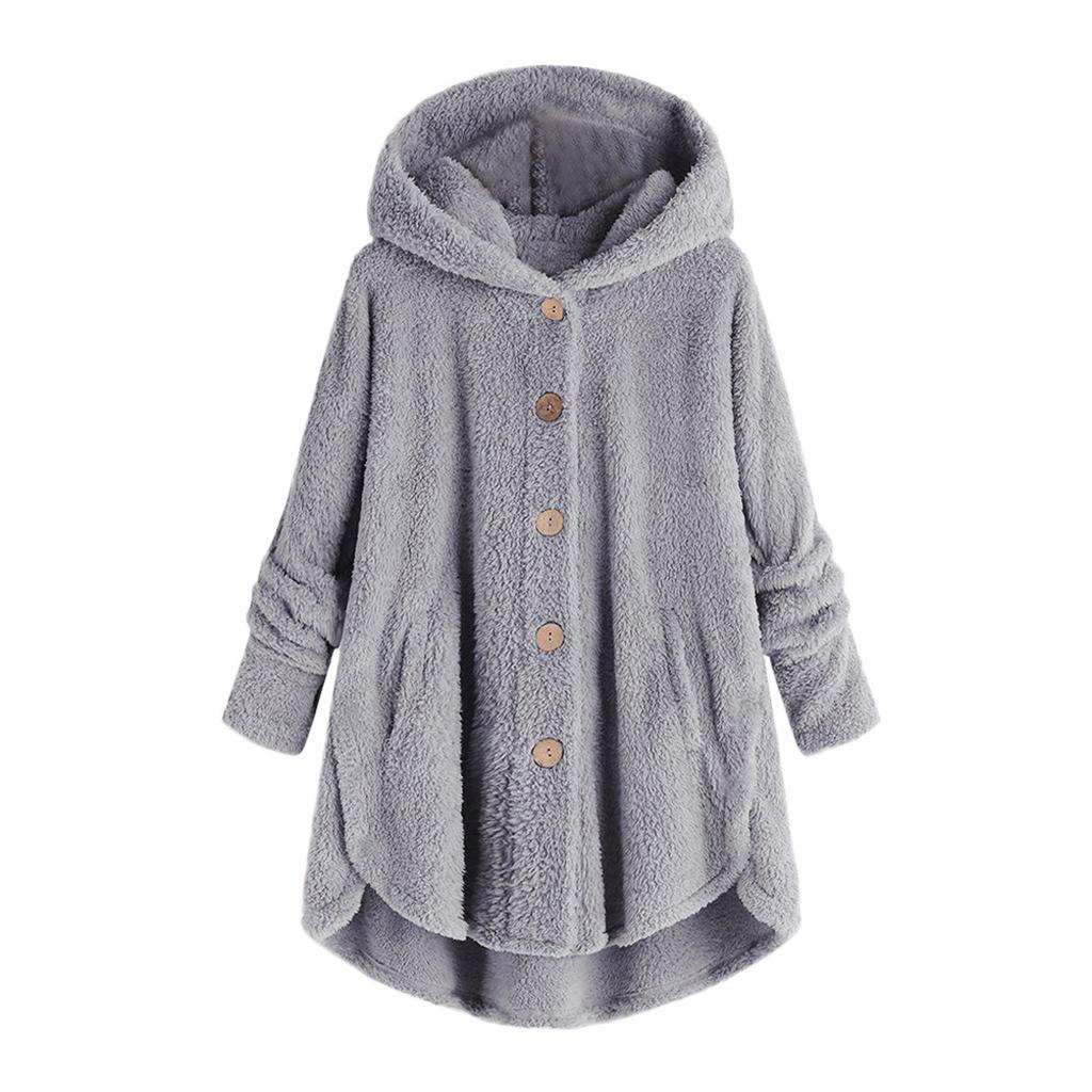 Kvinner Plus Size Button Plysj Topper Hette Løs Cardigan Ull Kåpe Vinterjakke