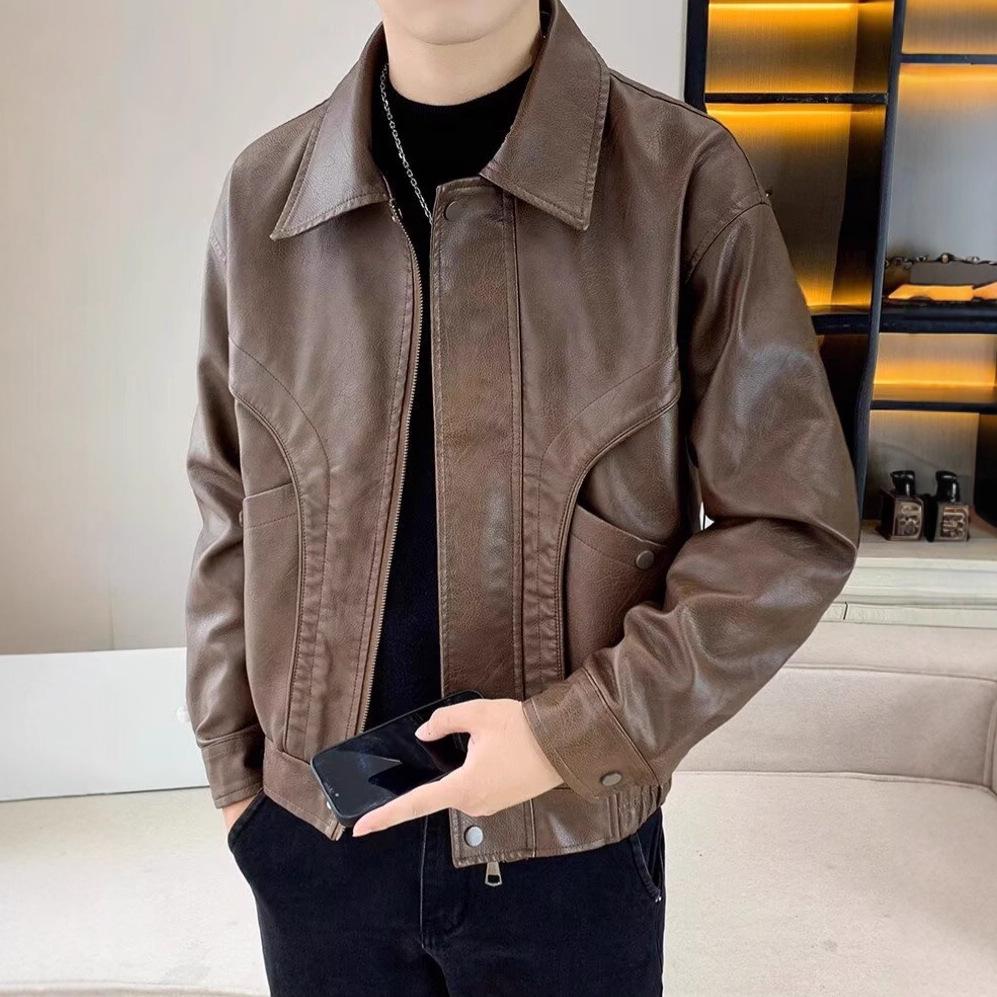 Men's Trendy PU Leather Motorcycle Jacket - Spring/Autumn Casual Lapel Coat