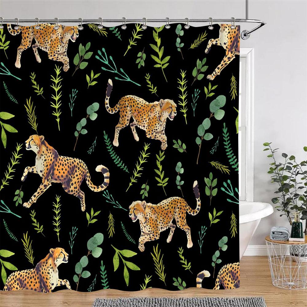 Tropical Plants Floral Shower Curtain Green Palm Leaves Pink Flowers Polyester Fabric Shower Curtains Bathroom Decor With Hooks